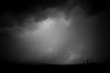 Holy Week and Easter Background, A Dark Stormy and Raining Day with Birds Flying into the light and...