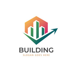 building city real estate logo element, realty property investment logo design with check icon for hotel, business invest