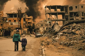 Fotobehang Twee dakloze kleine meisjes lopen in de verwoeste stad, soldaten en helikopters en tanks vallen de stad nog steeds aan © Meysam Azarneshin