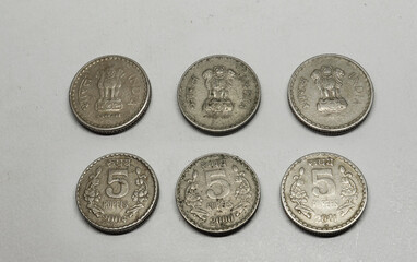 old five Rupees Coin, Indian Currency, Money,five rupees coin. with white background