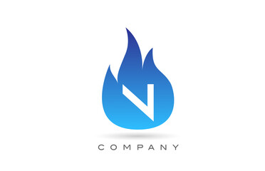 N blue fire flames alphabet letter logo design. Creative icon template for company and business