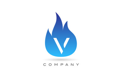 V blue fire flames alphabet letter logo design. Creative icon template for company and business
