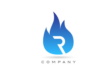 R blue fire flames alphabet letter logo design. Creative icon template for company and business