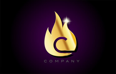 gold golden flames C alphabet letter logo design. Creative icon template for business and company