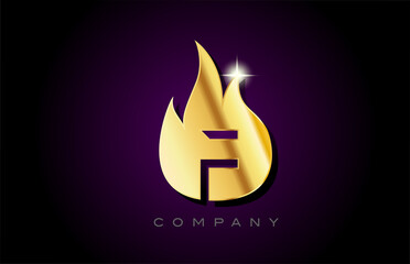 gold golden flames F alphabet letter logo design. Creative icon template for business and company