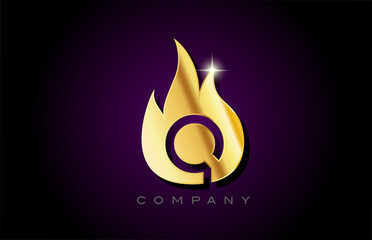 gold golden flames Q alphabet letter logo design. Creative icon template for business and company