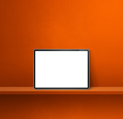 Digital tablet pc on orange wall shelf. Square background banner