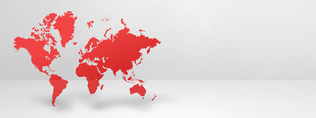 Red world map on white wall background. 3D illustration. Horizontal banner