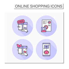 E-commerce color icons set.Free product delivery, customer data, voice assistants, eco-friendly service. Mobile retail store. Isolated vector illustration