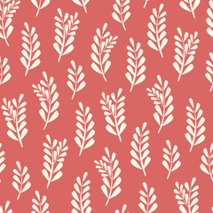 Herbal seamless pattern with light twigs on a red background. 