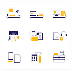 Office color icons set. Workplace with devices. Work atmosphere. Laptop, keyboard, headset. Work concept. Isolated vector illustrations 