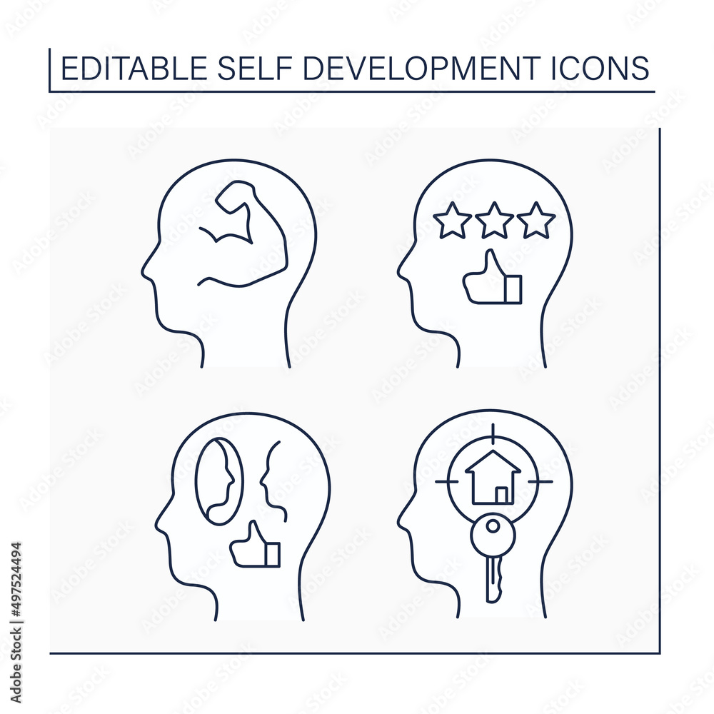 Poster self-development line icons set. self-efficacy, self-confidence, creative visualization and affirmat