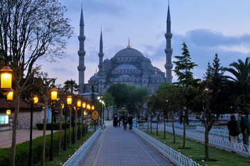 blue mosque in istanbul in the evening, in spring. old park. architectural monument. Sultanahmet...