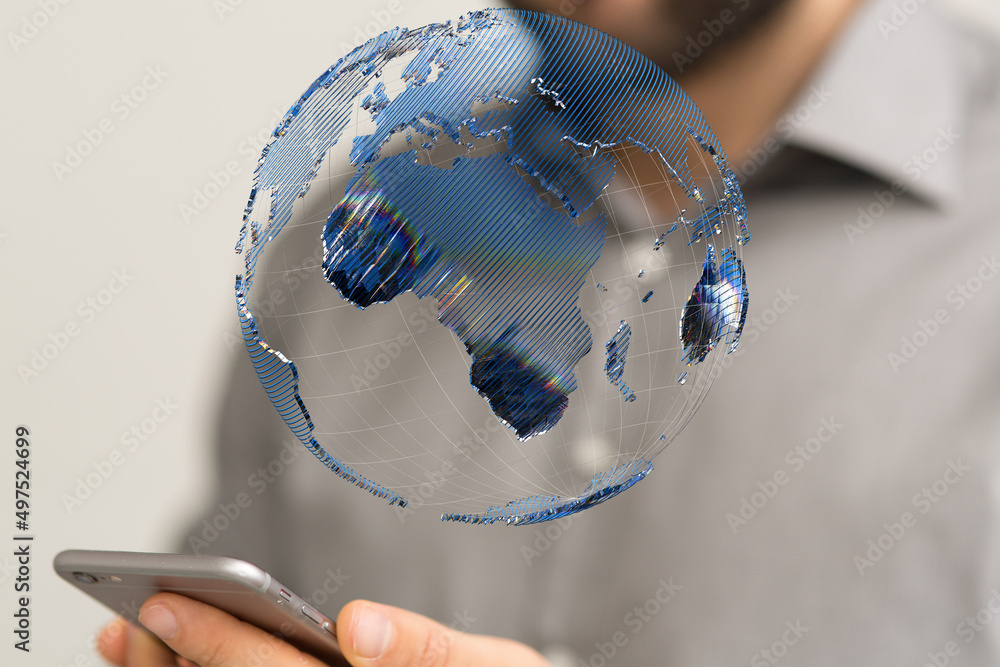 Poster Global telecommunication network around the World with connections between data centers or satellites. Planet Earth from space, concept for connected