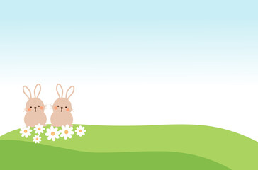 Rabbit cartoons, daisy flower and green grass on blue sky background vector illustration.