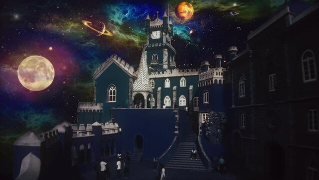 Castle In Space People Walking Inside Walls Planets In Galaxy Above. Colorful castle in space with people walking inside the walls under planets from another galaxy