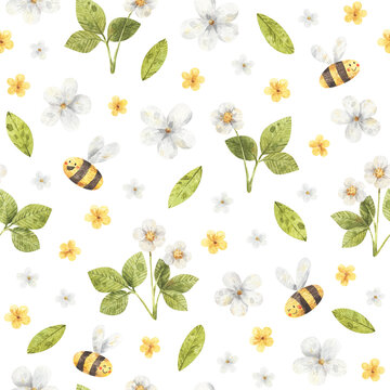 Watercolor summer pattern with bees, flowers and leaves. Hand-drawn seamless texture