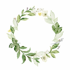 Watercolor vector wreath with green forest foliage and flowers.