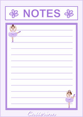 vector sheet for notes with the inscription Notes and decor in the form of little ballerina girls