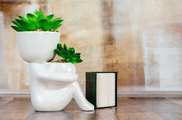 white vase in shape of human figurine with green succulents sits on desktop against textured wall