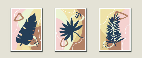 Fototapeta na wymiar Minimalist abstract flowers and leaves line art, Botanical art vector for print, cover, wallpaper, decoration, Mid century modern wall art