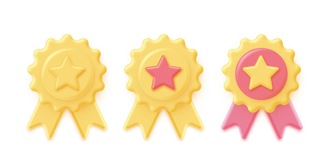 Yellow and pink 3d stamp with ribbons and star set isolated on white background. Luxury golden seal. Vector design element.