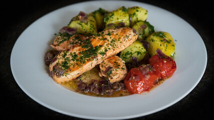 healthy and fresh cooking at home -roasted salmon fillet with potatoes in olive oil, red onions and cherry tomatoes