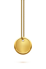 Empty round golden military or dogs badge hanging on steel chain. Vector army object isolated on white background. Pendant with blank space for identification, blood type in case of death and injury.