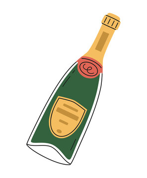 Hand drawn cute cartoon illustration champagne or sparkling wine bottle.  Flat vector alcohol drink sticker in simple colored doodle style. Holiday  celebration party icon or print. Isolated Stock-vektor | Adobe Stock