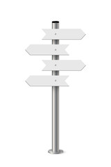 Signpost with blank direction signs on road. Metal pole with white arrow boards vector illustration. Retro steel street post isolated on white background. Simple empty crossroad banners