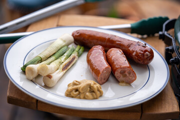 roasted cheese kransky with spring onions from a outdoor charcoal grill 