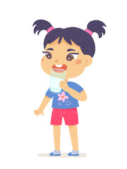 Happy kid drinking milk for body strength and growth, cute little girl holding glass