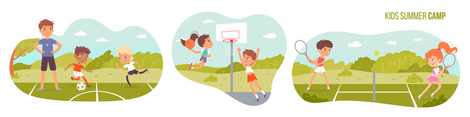 Obraz na płótnie Canvas Summer sport camp for children set, boys and girls play tennis, soccer and basketball