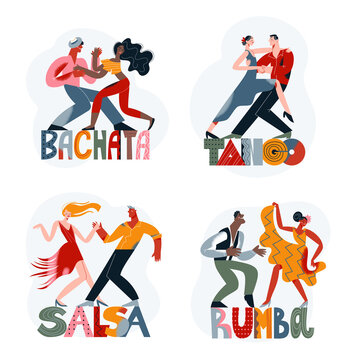 Couple people dancing latin dances set, dancers enjoy salsa, bachata, tango and rumba