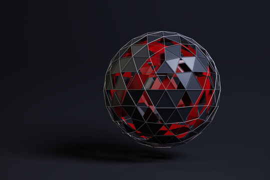 Abstract sphere consisting of rimmed black triangles wirh some holes. A second sphere in red inside. Dark background