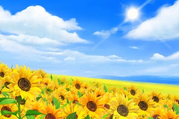 雲のある青空に太陽の下美しいひまわりが咲くひまわり畑の初夏フレーム背景素材