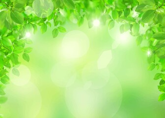 Fototapeta premium 初夏の美しい木漏れ日の差し込む新緑とボケの緑のきらめく光るバックグラウンドのイラスト素材