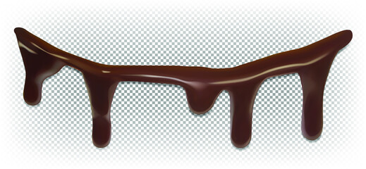 Liquid chocolate dripping down the edge. Sweet ganache, sauce, icing. Vector 3d realistic image isolated on a white transparent background. © StudioIlanP
