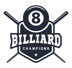 Billiards logo in flat style. Billiard cue and ball with number eight, sports equipment. Sport games. Emblem, badge. Vector illustration, isolated on white background.