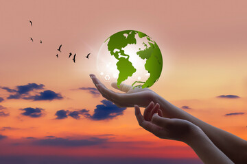 Hand with globe, environmental conservation concept, technology, internet of things and green business processes