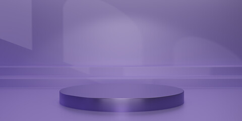 Shiny purple round pedestal  with light and shadow on purple studio  backdrops. Magenta Blank display or clean room for showing product. Minimalist mockup for podium display or showcase. 3D rendering.