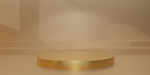 Shiny golden round pedestal  with light and shadow on gold studio  backdrops. Yellow Blank display or clean room for showing product. Minimalist mockup for podium display or showcase. 3D rendering.