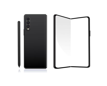 illustration of samsung fold screen smartphone front and back with stylus set vector