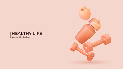 Healthy lifestyle concept. 3d set of sport equipment. Realistic fitness inventory, gym accessories in trendy colors. Dumbbells, water bottle and an apple. Vector illustration in cartoon minimal style. - 497529477