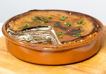Homemade buckwheat pie with cream and cheese. Baked in an earthen vessel.Organic