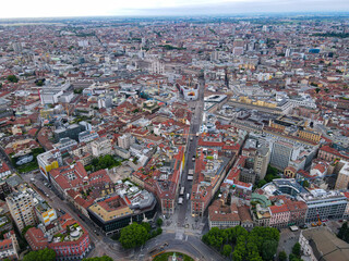 Aerial view of Castello Sforzesco (Sforza castle) in Milan. Drone photography in Lombardia. Historic medieval Sforza fortress and Arco della Pace in Sempione park, north Italy, in Europe.