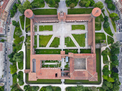 Aerial view of Castello Sforzesco (Sforza castle) in Milan. Drone photography in Lombardia. Historic medieval Sforza fortress and Arco della Pace in Sempione park, north Italy, in Europe.