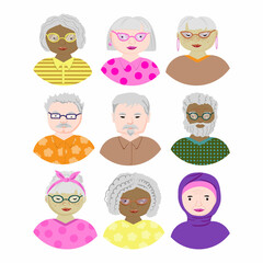 A set of avatars for nice people. A diverse group of young men and women. People of different races with gray hair. Flat style vector illustration.