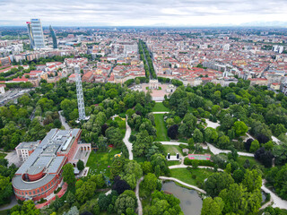 Aerial view of Castello Sforzesco (Sforza castle) in Milan. Drone photography in Lombardia. Historic medieval Sforza fortress and Arco della Pace in Sempione park, north Italy, in Europe.