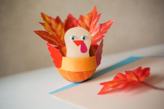 Paper Craft For Kids. DIY Turkey Made From Pumpkin For Thanksgiving Day. Create Art For Children.